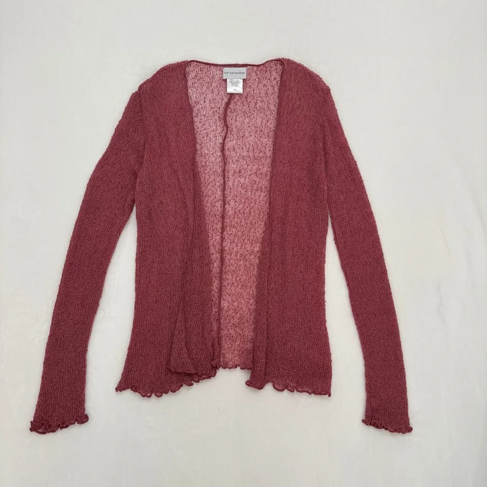 Soft Surroundings Rose Pink Open Knit Cardigan Lettuce Edge S/M Whimsy Fairy